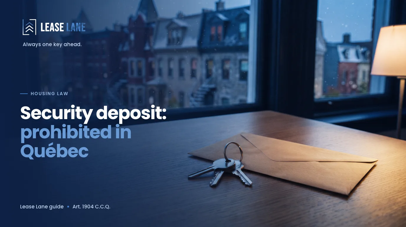 Apartment keys and an envelope on a table, in front of Québec City row houses