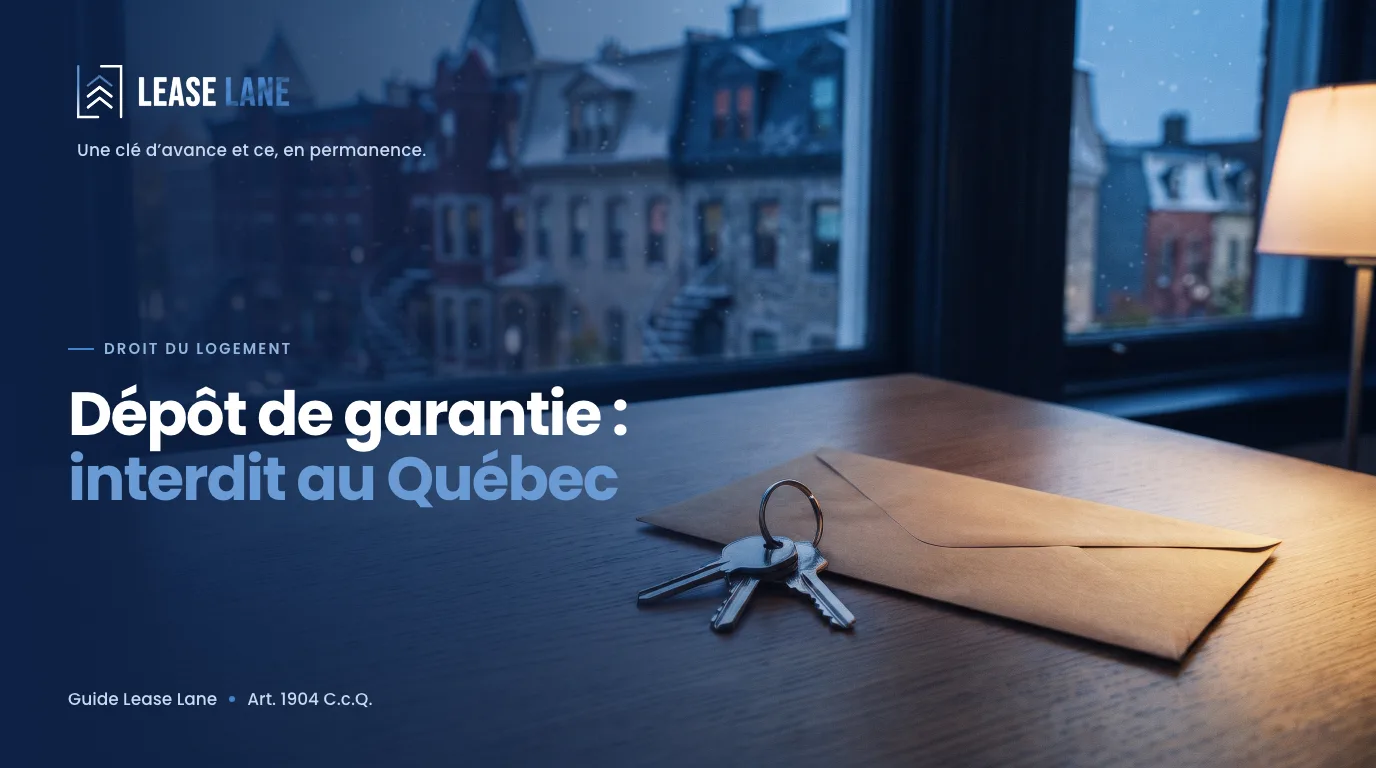 Clés d’appartement et enveloppe sur une table, devant des maisons en rangée de Québec