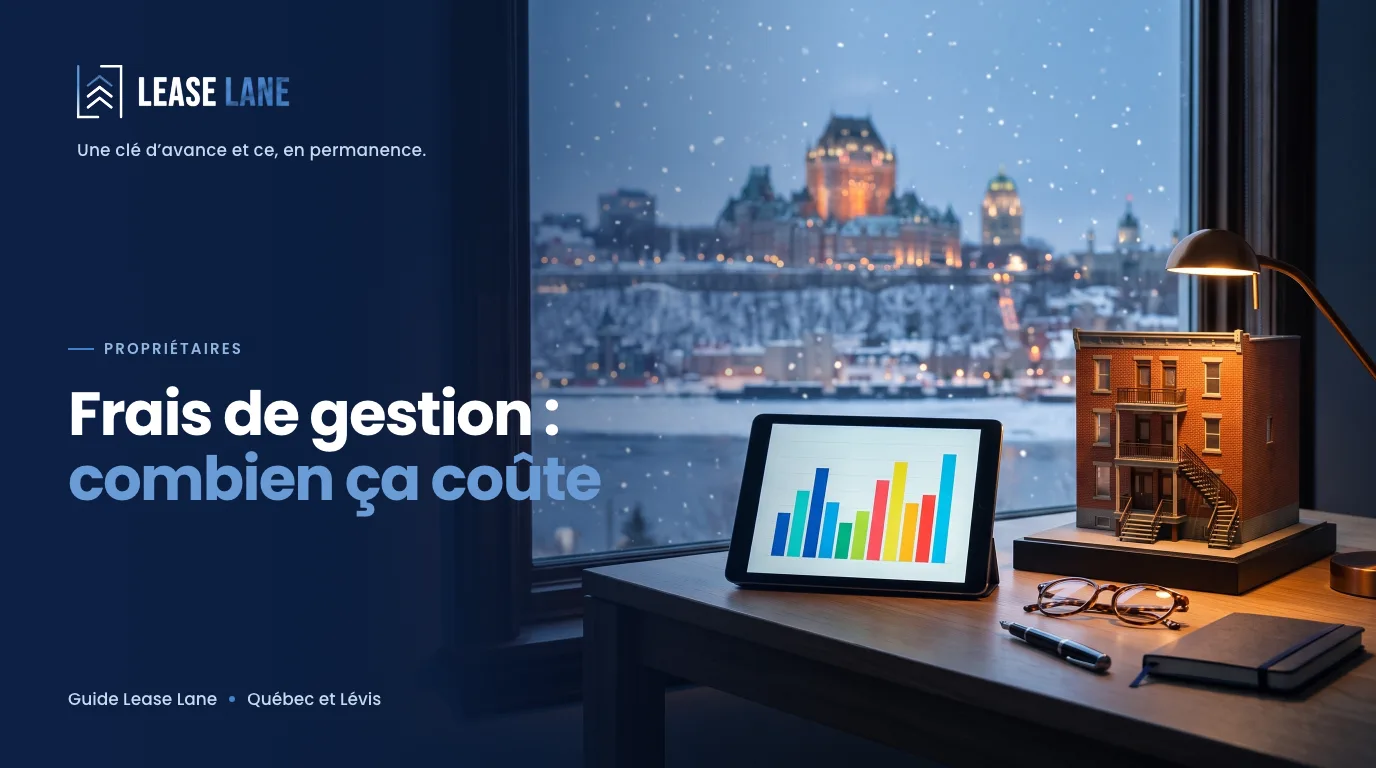 Tablette avec un graphique et maquette de triplex sur un bureau, vue sur le Château Frontenac