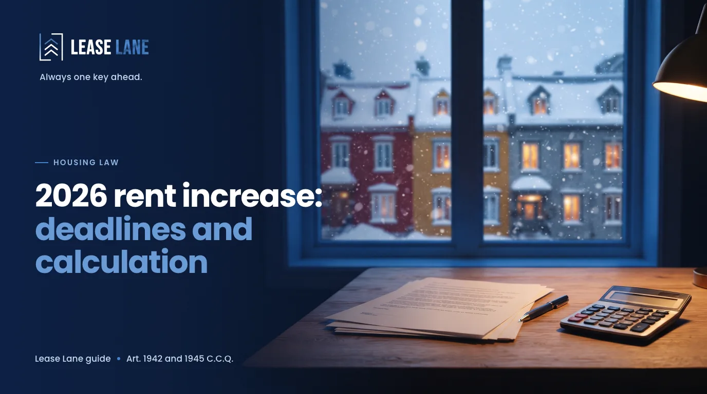 Lease, pen and calculator on a table, in front of Québec City row houses in winter