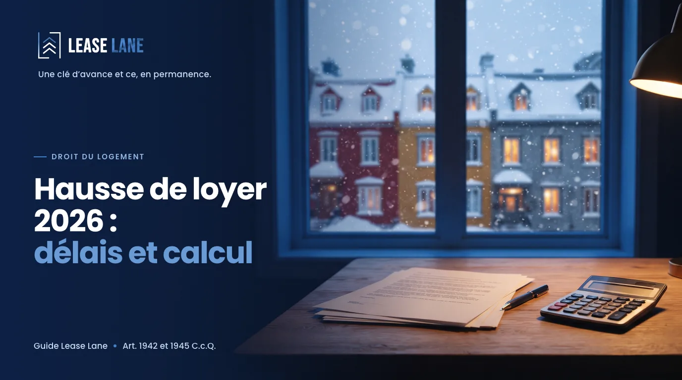 Bail, stylo et calculatrice sur une table, devant des maisons en rangée de Québec en hiver